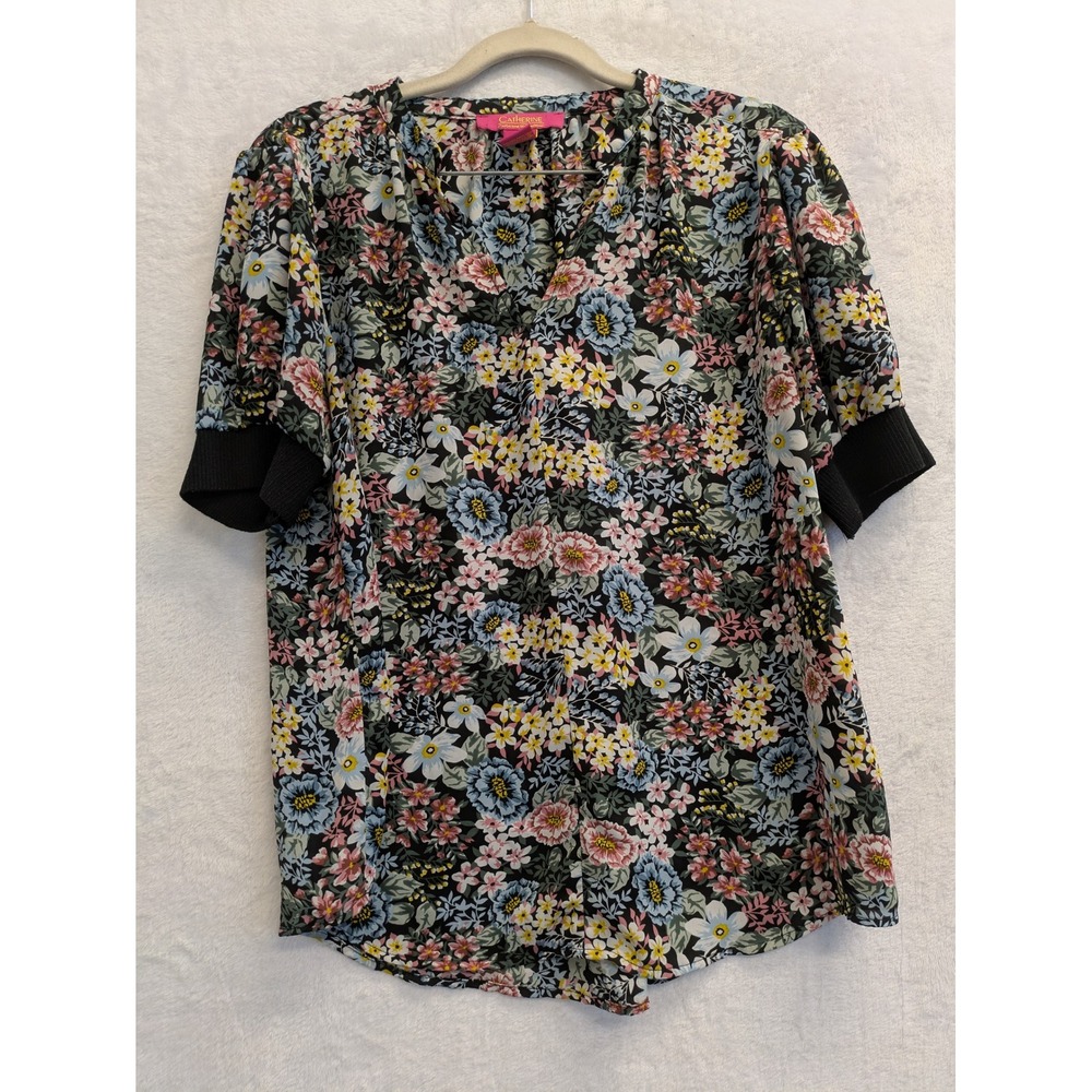 Catherine Malandrino Floral Print V‎ Neck Top Black Multicolor Medium